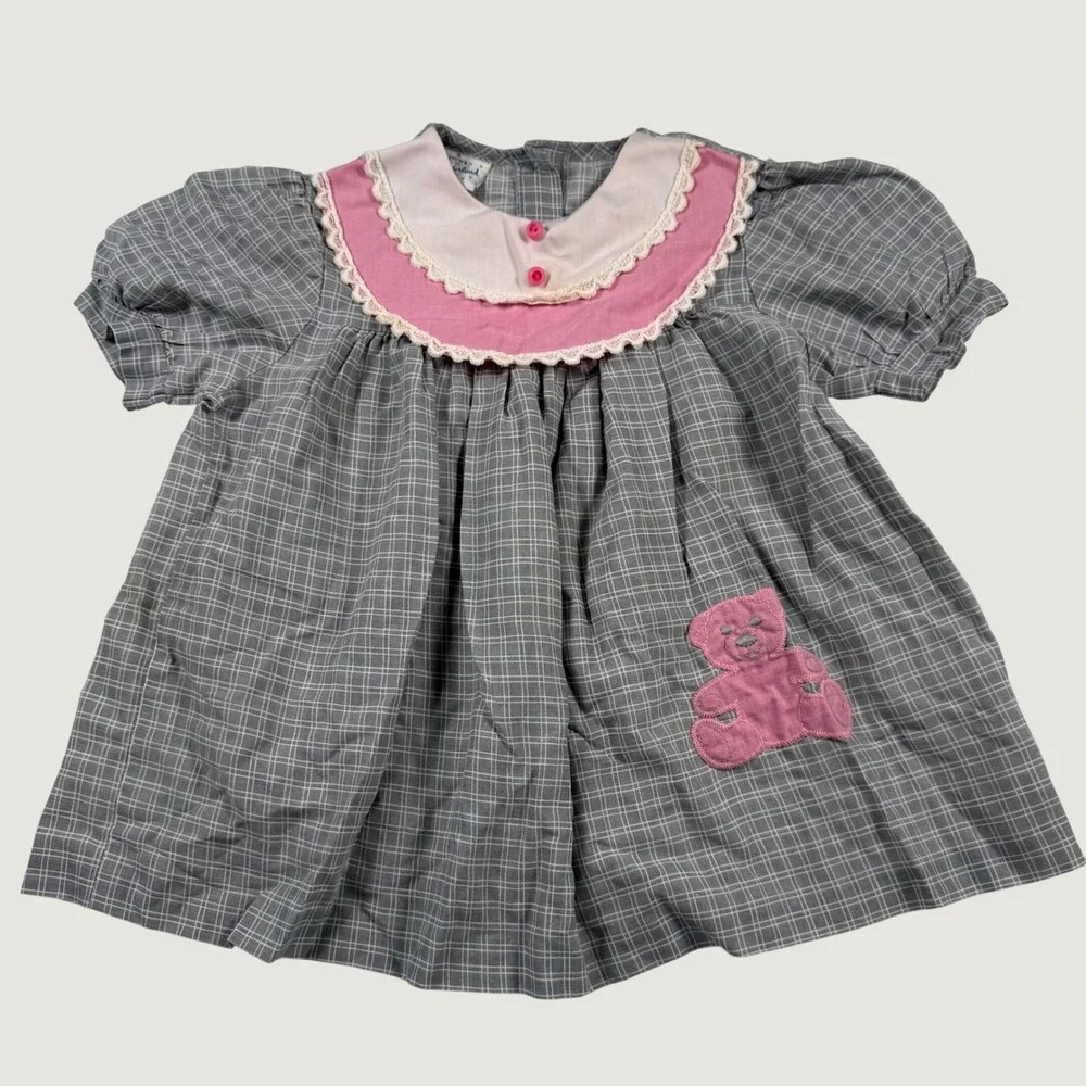 Vintage Wonderland Girls Grey Grid Teddy Bear Lace Collar Dress Size 5 USA Made